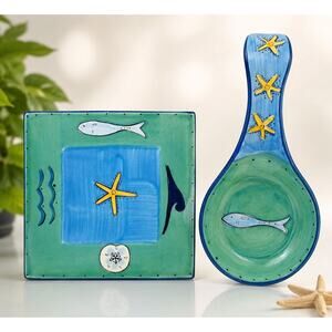 Handpainted Coastal Theme Trivet & Spoon Rest Set Fish Starfish Beach Decor